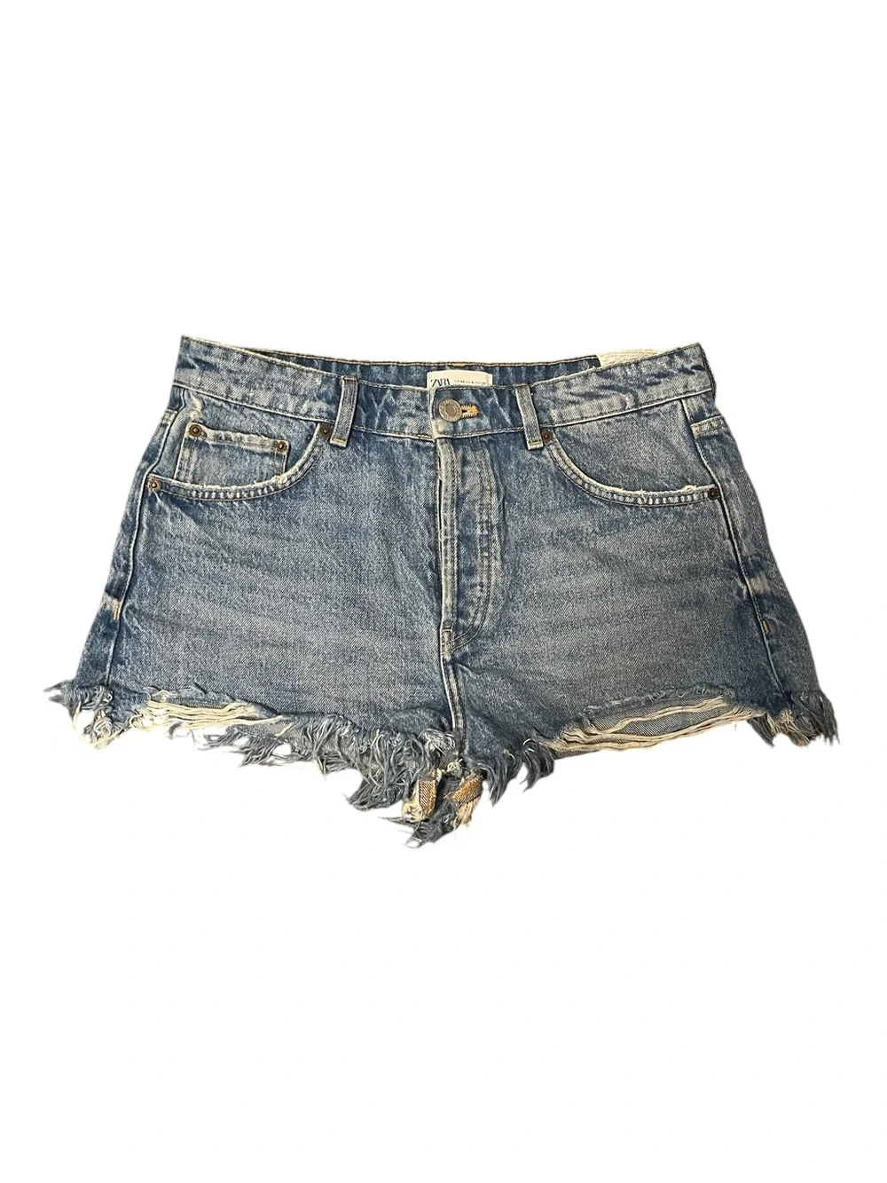High-Rise Distressed Denim Shorts - Blue